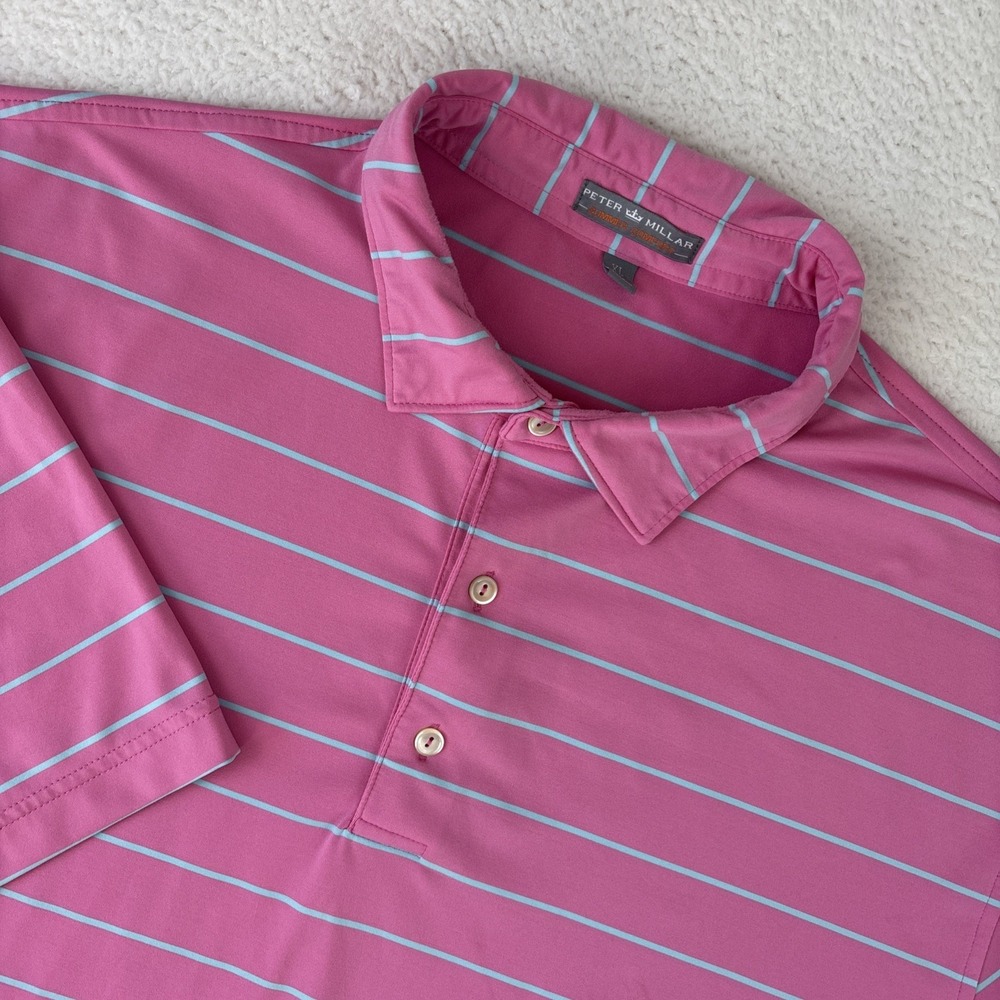 PETER MILLAR Summer Comfort Mens XL Polo Shirt Pink/Blue Stripe Performance Golf
